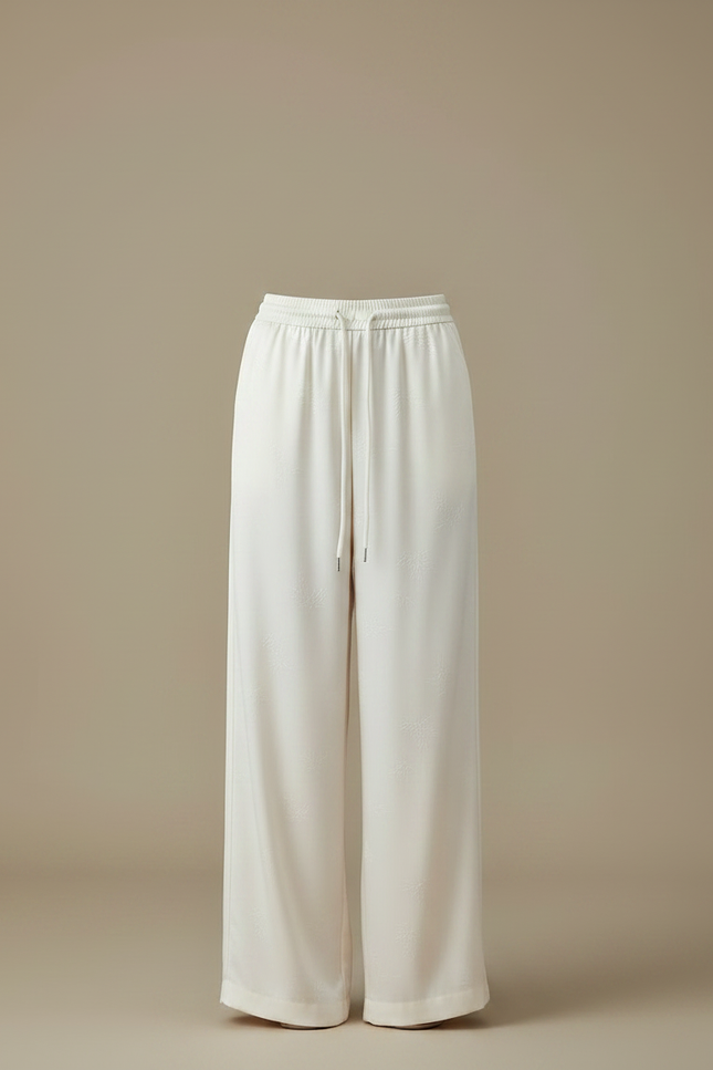 Pantalon Fluide Écru Satiné Ample Jacquard Femme - Beige - vue 3