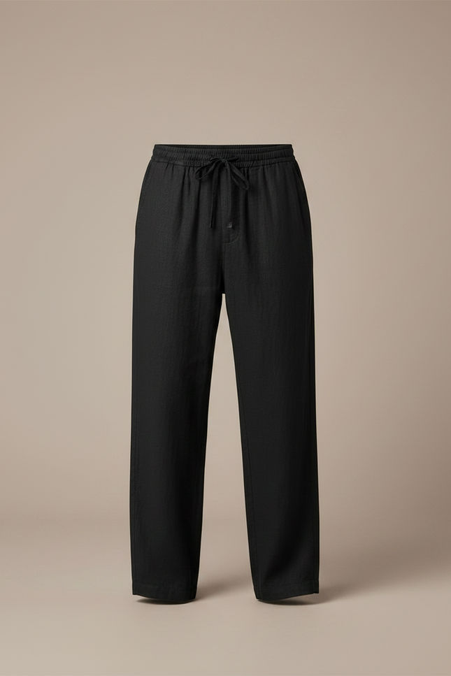 Pantalon Fluide Noir Ample Lin Décontracté Cordon - vue 3