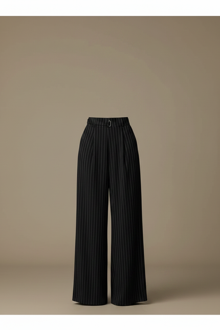 Pantalon Fluide Noir Rayé Taille Haute Élégant Ample - Viscose - vue 3