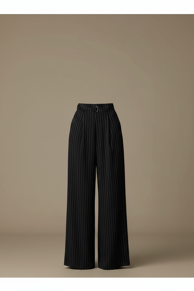 Pantalon Fluide Noir Rayé Taille Haute Élégant Ample - Viscose - vue 3