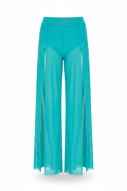 Pantalon Fluide Turquoise Transparent Fendu Large Élégant - Bleu Polyester - vue 2
