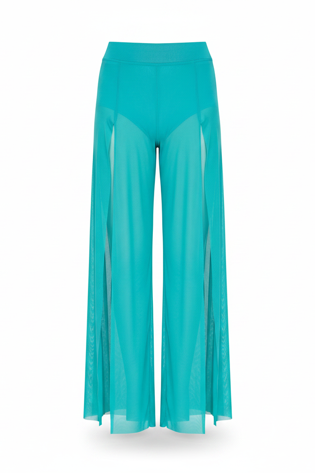 Pantalon Fluide Turquoise Transparent Fendu Large Élégant - Bleu Polyester - vue 2