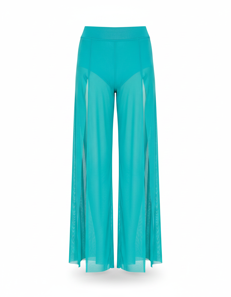 Pantalon Fluide Turquoise Transparent Fendu Large Élégant - Bleu Polyester - vue 2