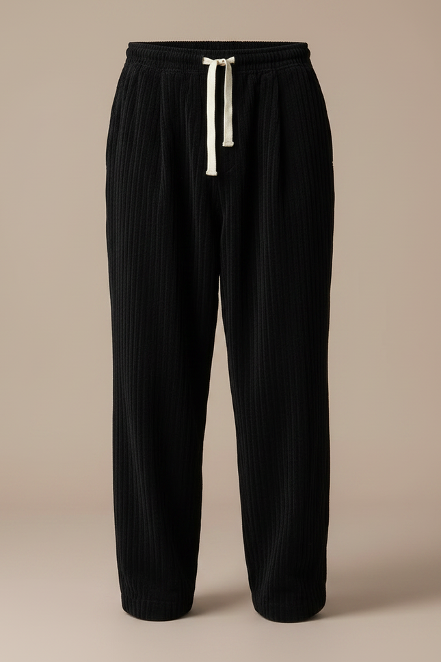 Pantalon Fluide Noir Côtelé Ample Cordon Décontracté - Cordé - vue 3