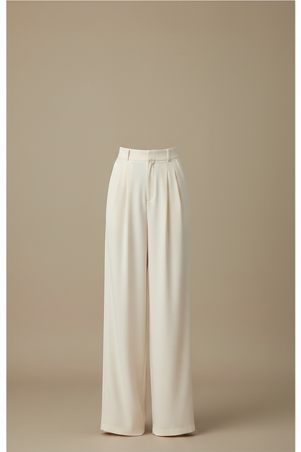 Pantalon Fluide Écru Ample Plissé Élégant Long Droit - Beige Viscose - vue 3