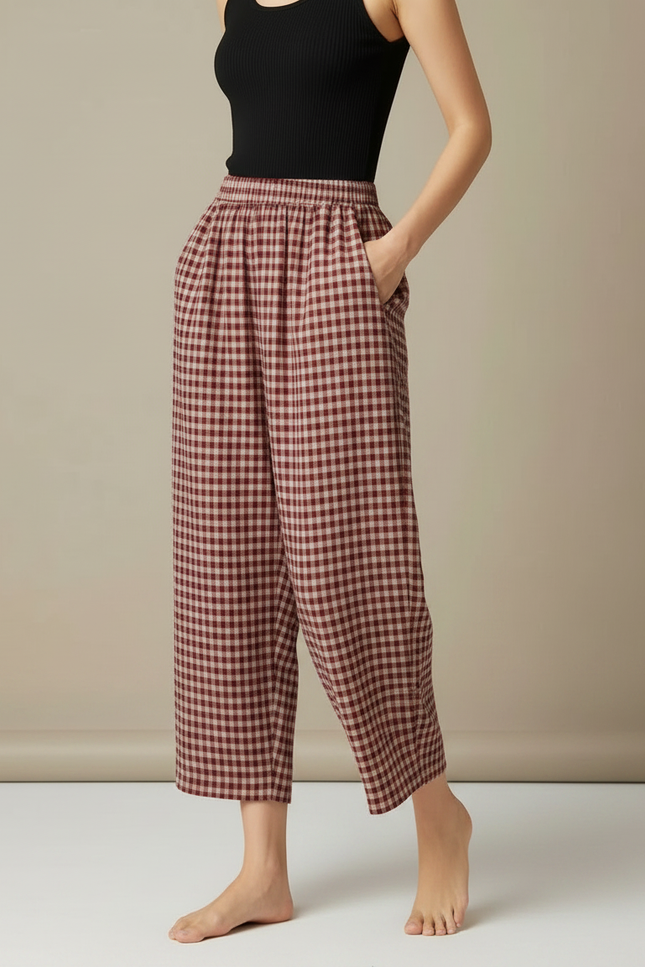 Pantalon Fluide Carreaux Rouges Ample Coton Confortable - vue 3