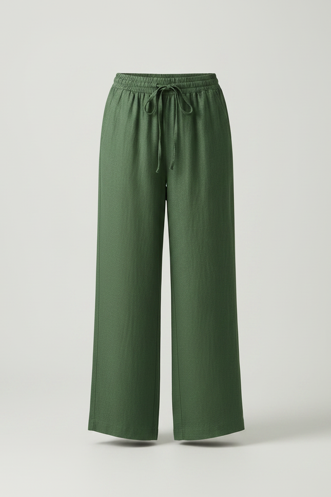 Pantalon Fluide Vert Ample Lin Taille Haute Décontracté - vue 3