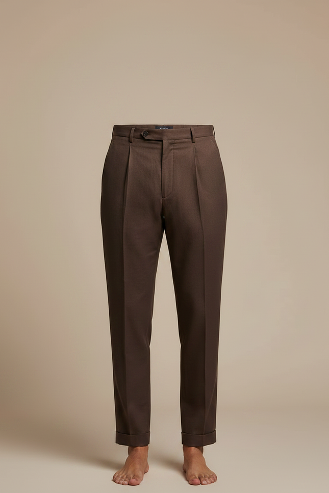 Pantalon Fluide Marron Plissé Droit Élégant Homme - Gabardine - vue 3