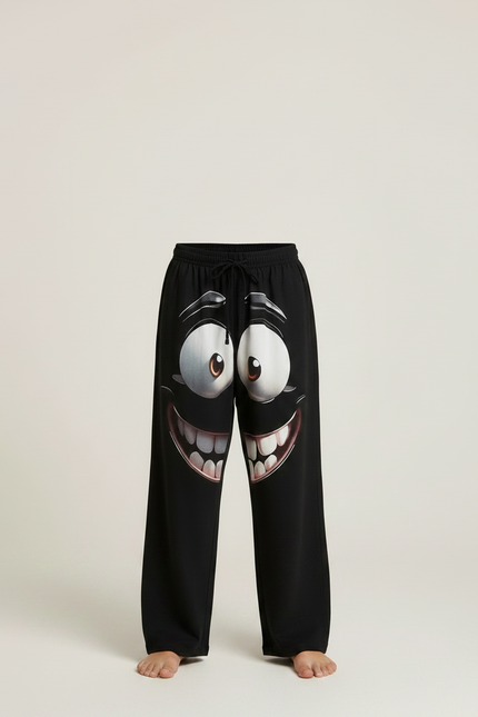 Pantalon Fluide Noir Ample Imprimé Visage Décontracté - Molleton - vue 3