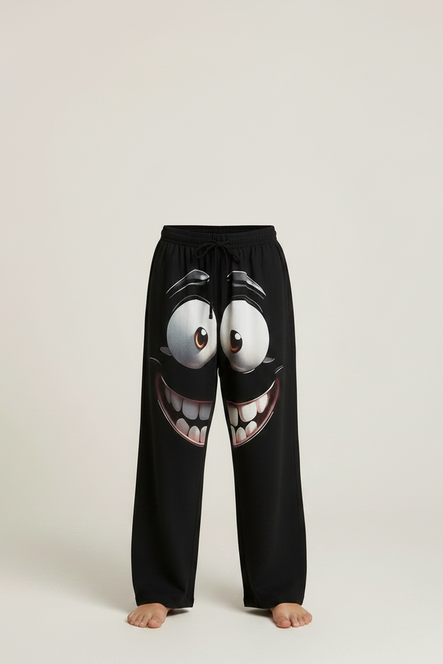 Pantalon Fluide Noir Ample Imprimé Visage Décontracté - Molleton - vue 3