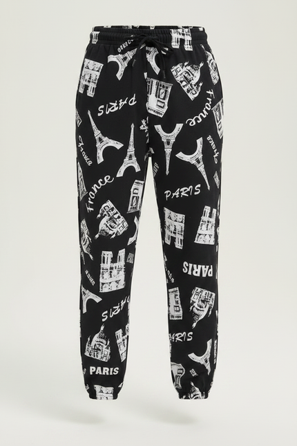 Pantalon Fluide Noir Imprimé Paris Coton Décontracté - vue 3