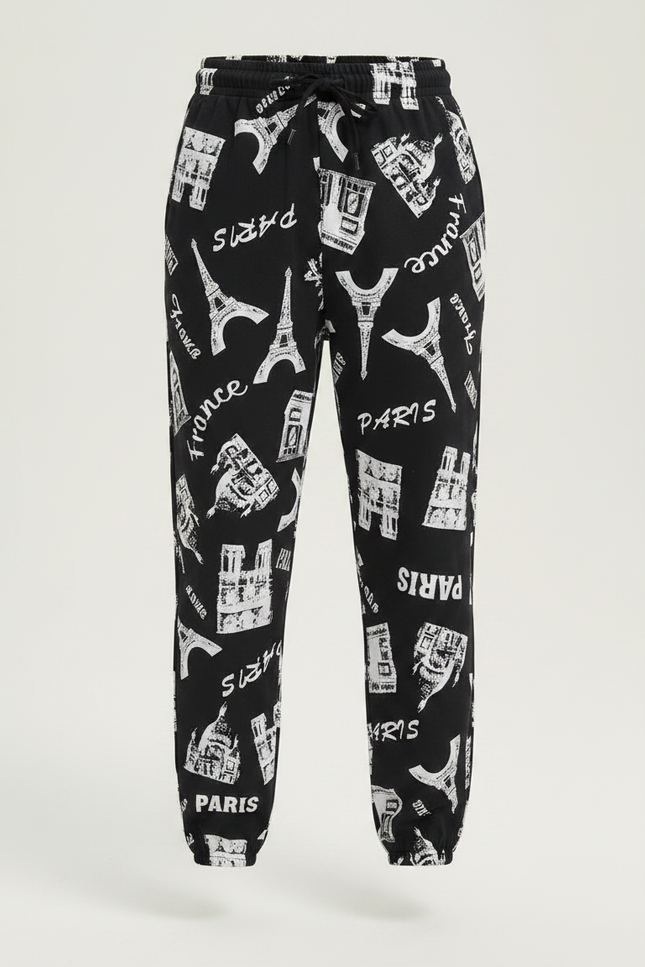 Pantalon Fluide Noir Imprimé Paris Coton Décontracté - vue 3
