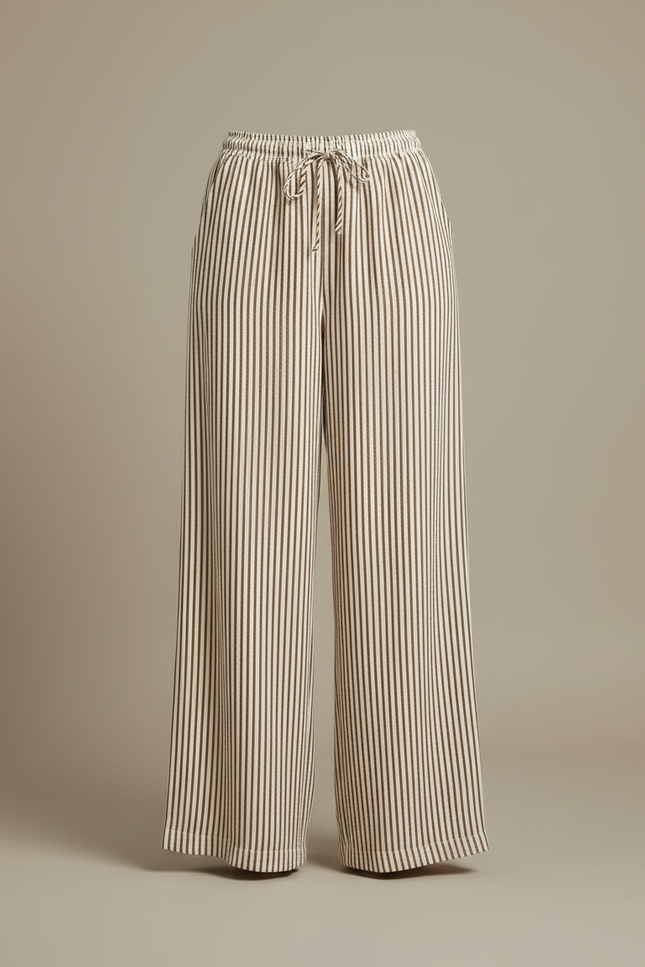 Pantalon Fluide Rayé Marron Ample Cordon Décontracté - Viscose - vue 3