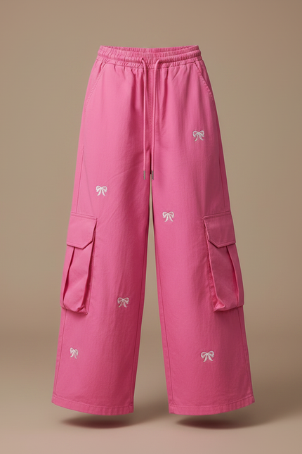 Pantalon Fluide Rose Cargo Ample Imprimé Nœuds Fille - Coton - vue 3