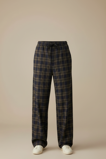 Pantalon Fluide Carreaux Marron Ample Confortable Cordon De Serrage - Laine - vue 3
