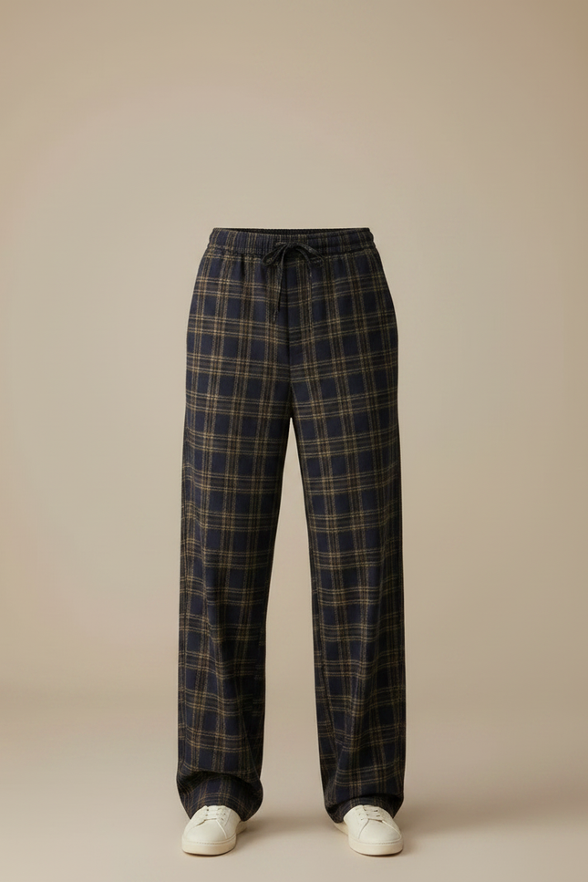 Pantalon Fluide Carreaux Marron Ample Confortable Cordon De Serrage - Laine - vue 3