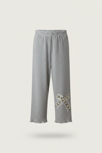 Pantalon Fluide Gris Côtelé Ample Brodé Nœud Fille - Maille - vue 3
