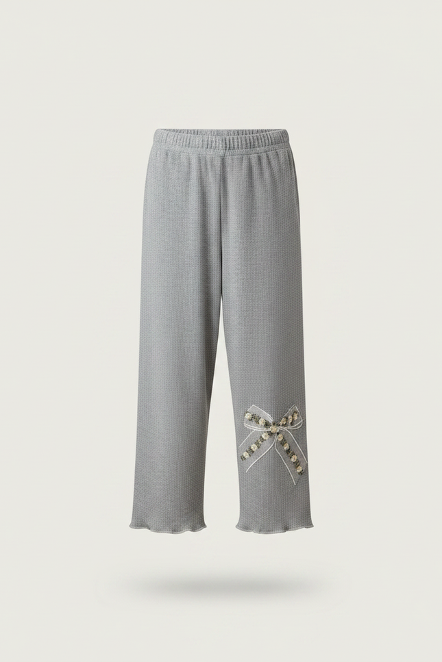 Pantalon Fluide Gris Côtelé Ample Brodé Nœud Fille - Maille - vue 3