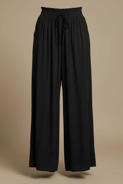 Pantalon Fluide Noir Ample Taille Élastique Cordon - Viscose - vue 3