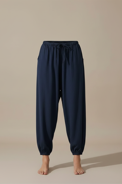 Pantalon Fluide Bleu Marine Ample Cordon Confortable - Lin - vue 3