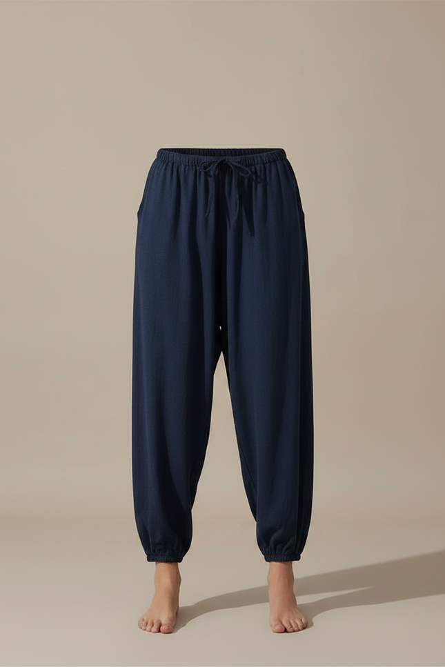 Pantalon Fluide Bleu Marine Ample Cordon Confortable - Lin - vue 3