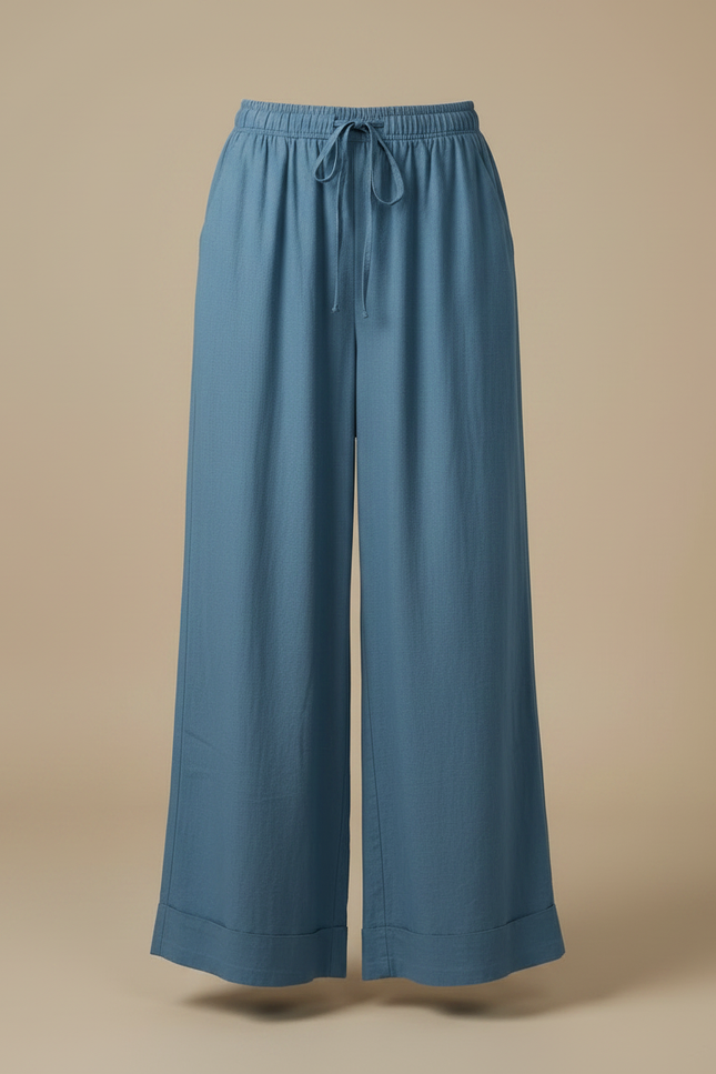 Pantalon Fluide Bleu Coton Lin Ample Décontracté - vue 3