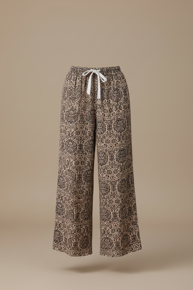 Pantalon Fluide Imprimé Floral Ample Beige Cordon - Viscose - vue 3