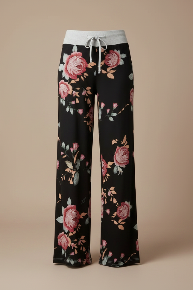 Pantalon Fluide Noir Ample Imprimé Floral Confortable - Viscose - vue 3