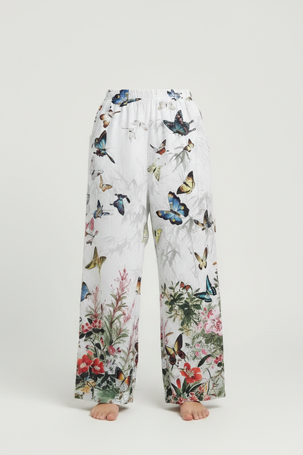 Pantalon Fluide Blanc Imprimé Papillons Floral Ample - Viscose - vue 3