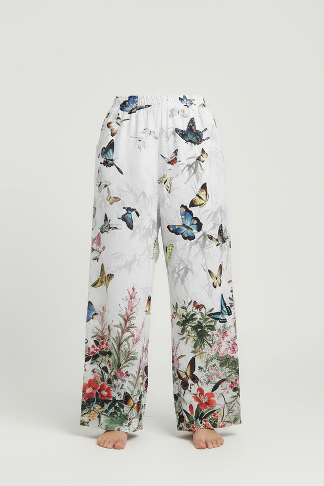Pantalon Fluide Blanc Imprimé Papillons Floral Ample - Viscose - vue 3