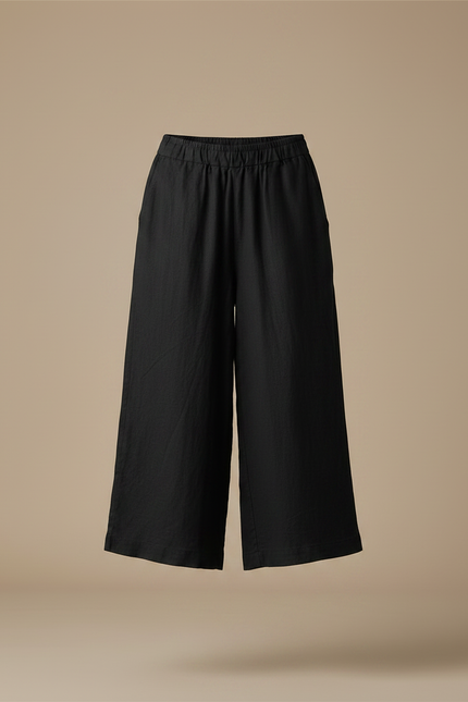 Pantalon Fluide Noir Lin Ample Court Décontracté - vue 3