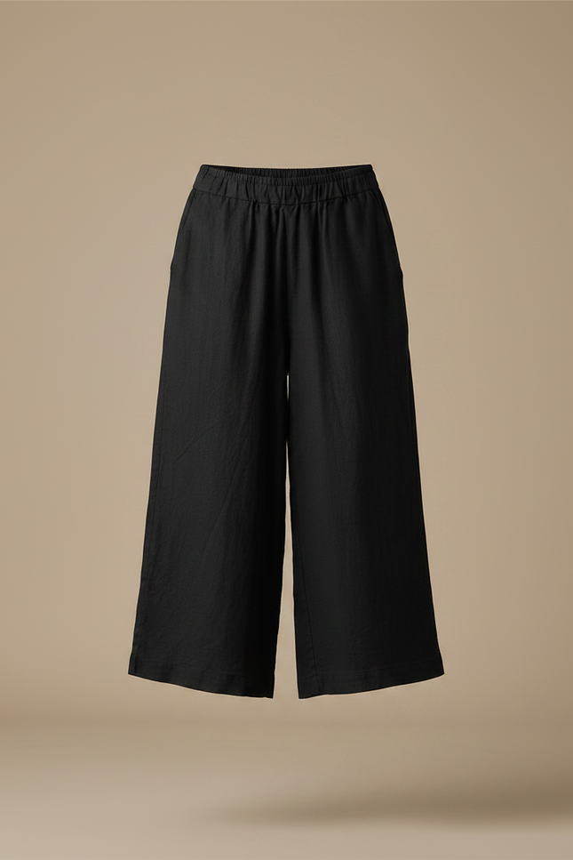 Pantalon Fluide Noir Lin Ample Court Décontracté - vue 3
