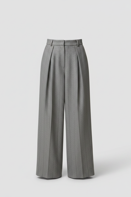 Pantalon Fluide Gris Laine Chevron Plissé Large Rétro - vue 3