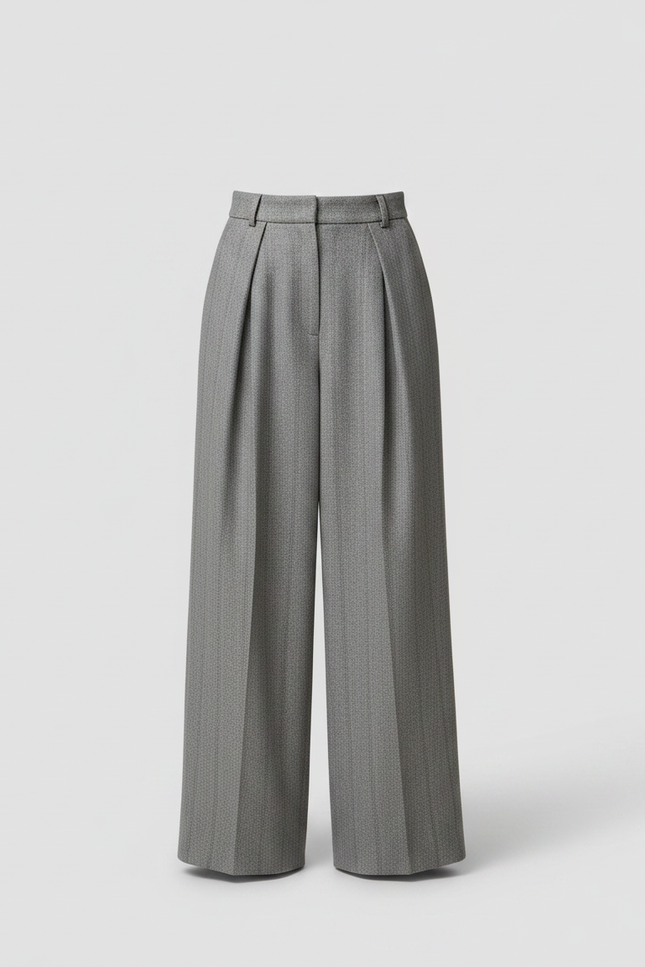 Pantalon Fluide Gris Laine Chevron Plissé Large Rétro - vue 3