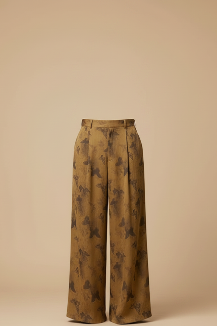 Pantalon Fluide Imprimé Papillons Ample Taille Haute Marron - Viscose - vue 3