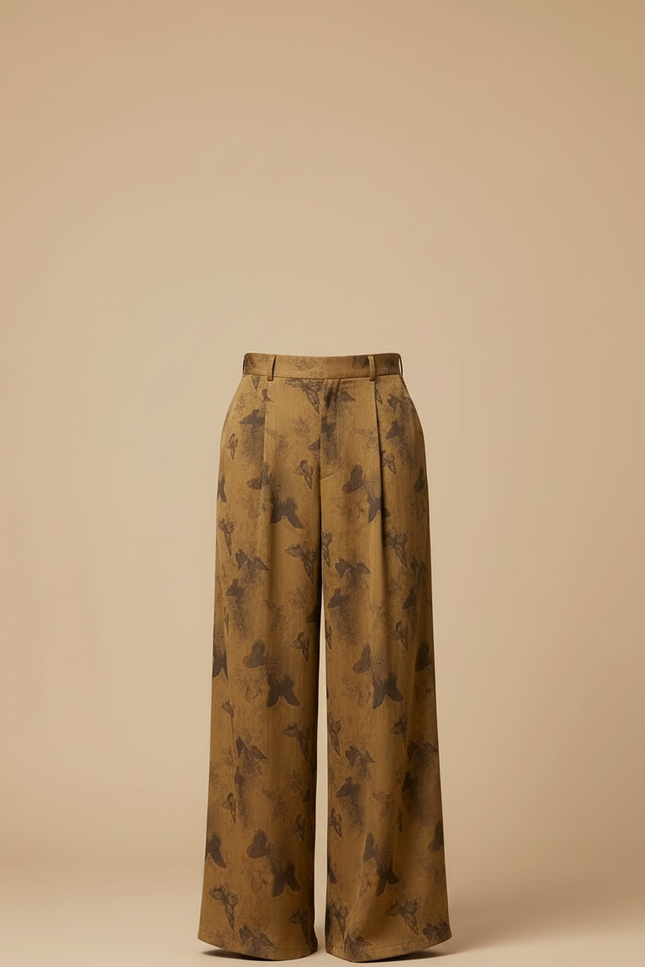 Pantalon Fluide Imprimé Papillons Ample Taille Haute Marron - Viscose - vue 3