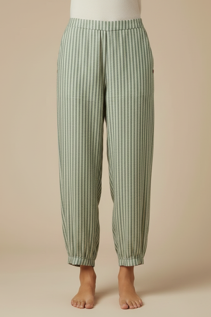 Pantalon Fluide Vert Rayé Ample Taille Haute - Lin - vue 3