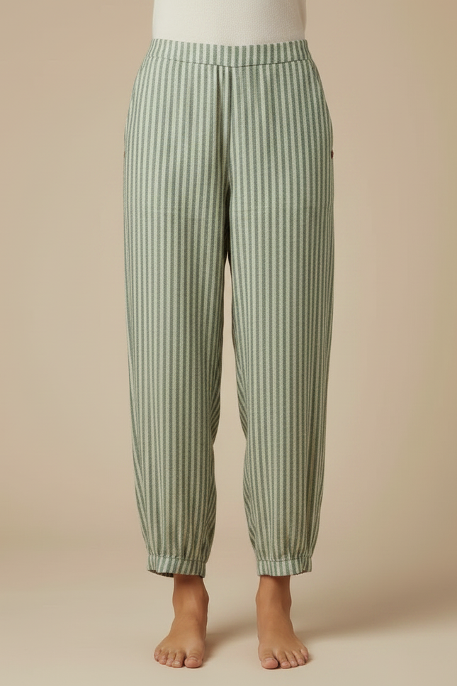 Pantalon Fluide Vert Rayé Ample Taille Haute - Lin - vue 3