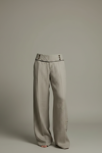 Pantalon Fluide Taille Basse Femme - Beige Lin - vue 3