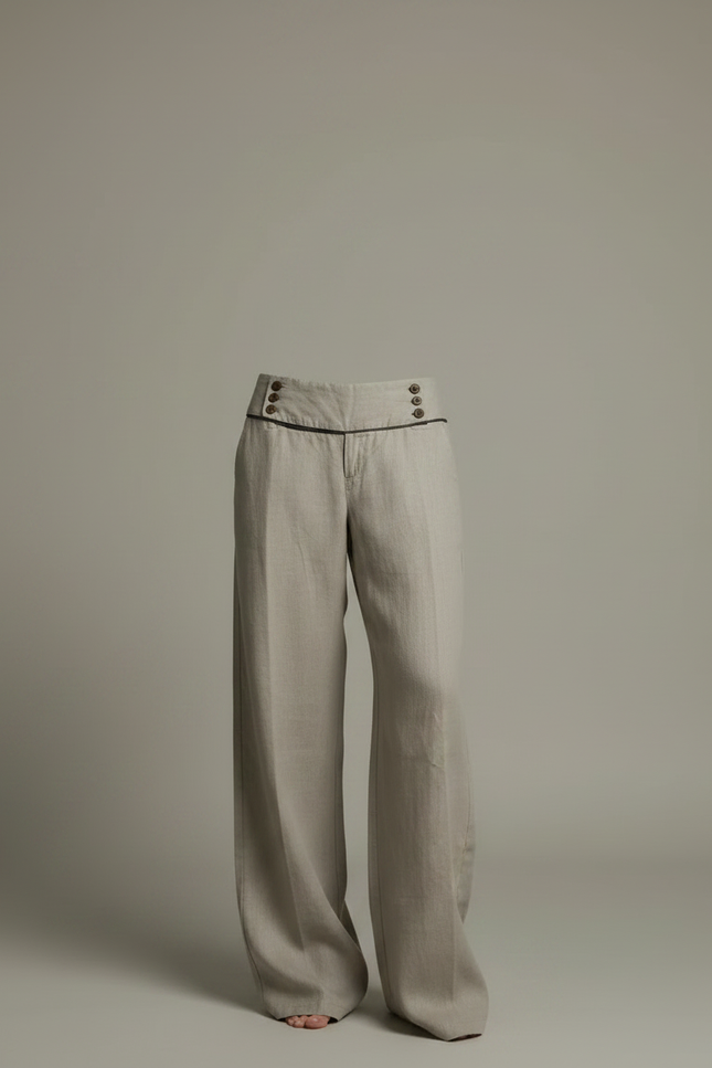 Pantalon Fluide Taille Basse Femme - Beige Lin - vue 3