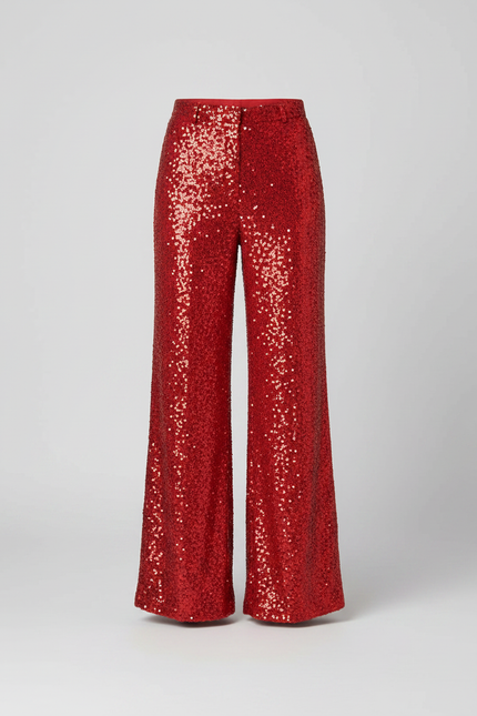 Pantalon Fluide Rouge Paillettes Ample Évasé Élégant - Polyester - vue 3