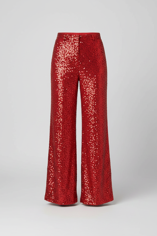 Pantalon Fluide Rouge Paillettes Ample Évasé Élégant - Polyester - vue 3