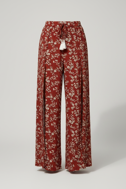 Pantalon Fluide Rouge Floral Fendu Bohème Tassels - Viscose - vue 3