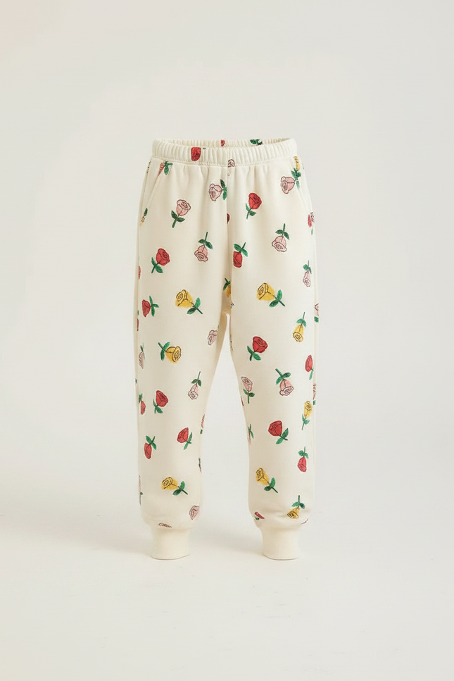Pantalon Fluide Écru Ample Motif Fleurs Enfant - Beige Molleton - vue 3