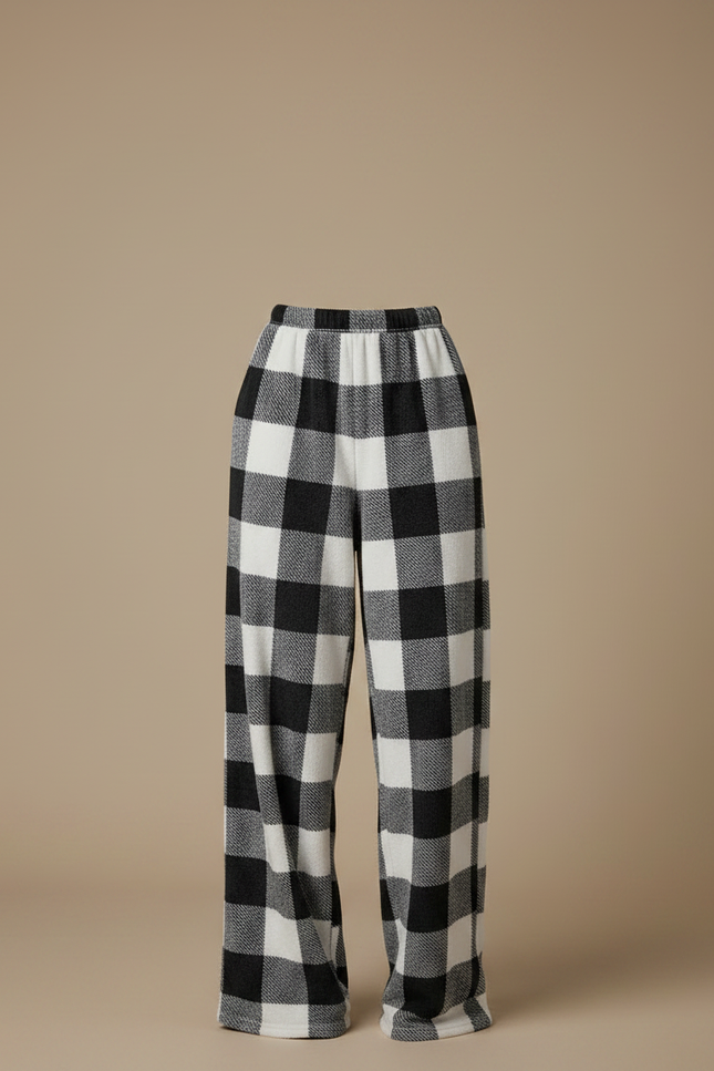 Pantalon Fluide Carreaux Noir Blanc Polaire Ample - Imprimé Molleton - vue 3