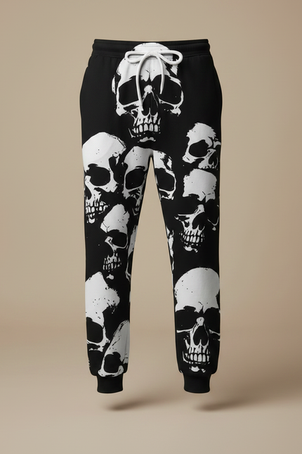 Pantalon Fluide Noir Crânes Blancs Ample Décontracté Homme - Molleton - vue 3
