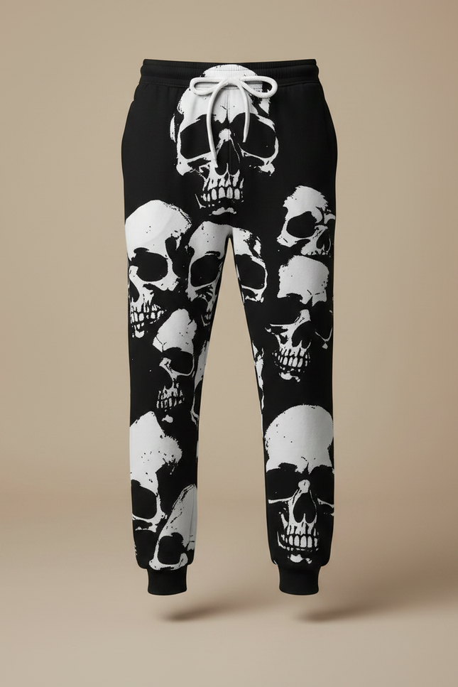 Pantalon Fluide Noir Crânes Blancs Ample Décontracté Homme - Molleton - vue 3