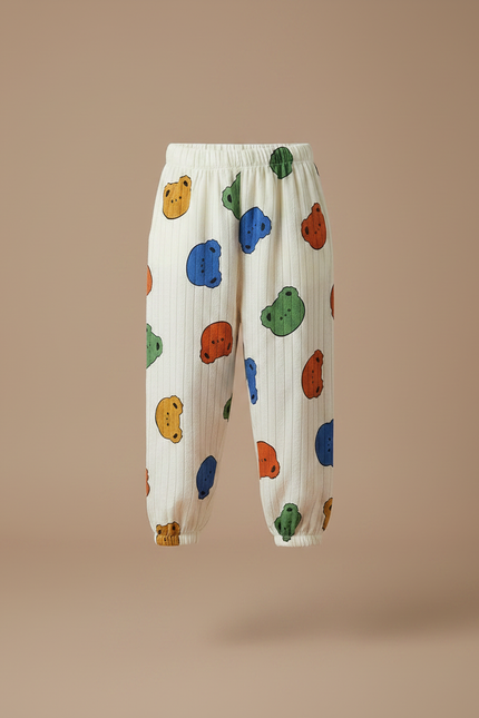 Pantalon Fluide Écru Rayé Imprimé Oursons Coton Ample - Multicolore - vue 3