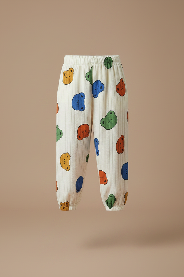 Pantalon Fluide Écru Rayé Imprimé Oursons Coton Ample - Multicolore - vue 3