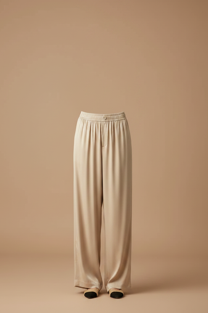 Pantalon Fluide Beige Ample Élégant Taille Élastique - Satin - vue 3